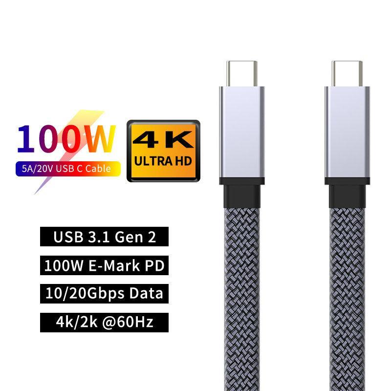 NÖRDIC 2m Platt USB3.2 Gen2 SuperSpeed USB 10Gbps USB-C till C nylonflätad kabel med Power Delivery 100W, 4K60Hz video och Emarker