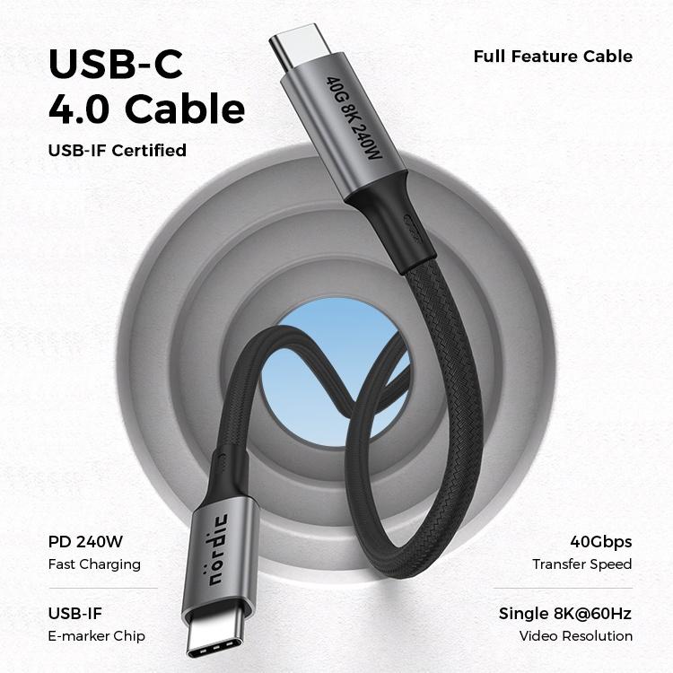 NÖRDIC 2m USB4 USB-C till C nylonflätad kabel PD3.1 240W 40G 8K60Hz 4K144Hz grå