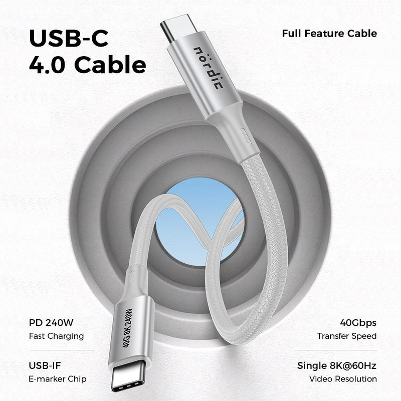 NÖRDIC 2m USB4 USB-C till C nylonflätad kabel PD3.1 med 240W snabbladdning 40G 8K60Hz 4K120Hz 5K60Hz 2x4K60Hz Emarker