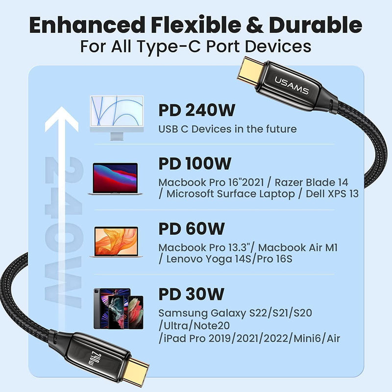 NÖRDIC 2m USB-C till C nylonflätad kabel snabbladdning med PD3.1 240W 48V 5A med Emarker