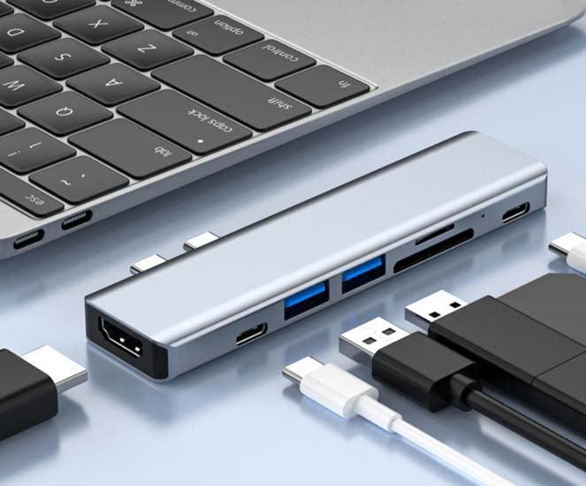 NÖRDIC 2 till 7 USB-C dockningsstation för MacBook Pro och Air 1xHDMI 4K30Hz 1xUSB-A 3.1 1xUSB-A 2.0 1xUSB-C 3.1 1xUSB-C 100W PD 1x SD/TF kortläsare