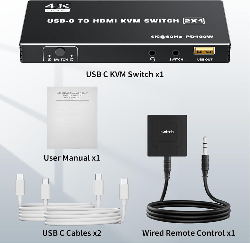 NÖRDIC USB C till HDMI KVM-switch 4K 60Hz, Type-C KVM-switch HDMI för 2 datorer 1 HDMI-skärm