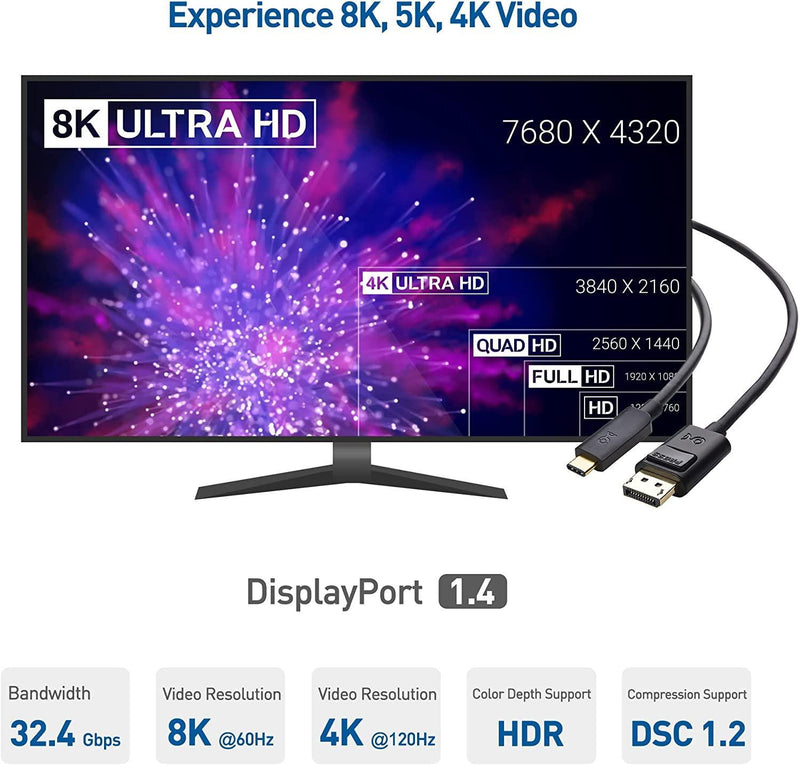 NÖRDIC 3m USBC to DP 1.4 kabel 8K30Hz 4K120Hz 32,4Gbps