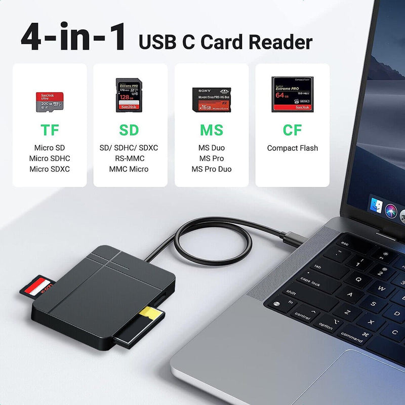 NÖRDIC 4 i 1 USB-A/C kortläsare SD/MicroSD/CF/TF/MS 5Gbps UHS-II 1TB