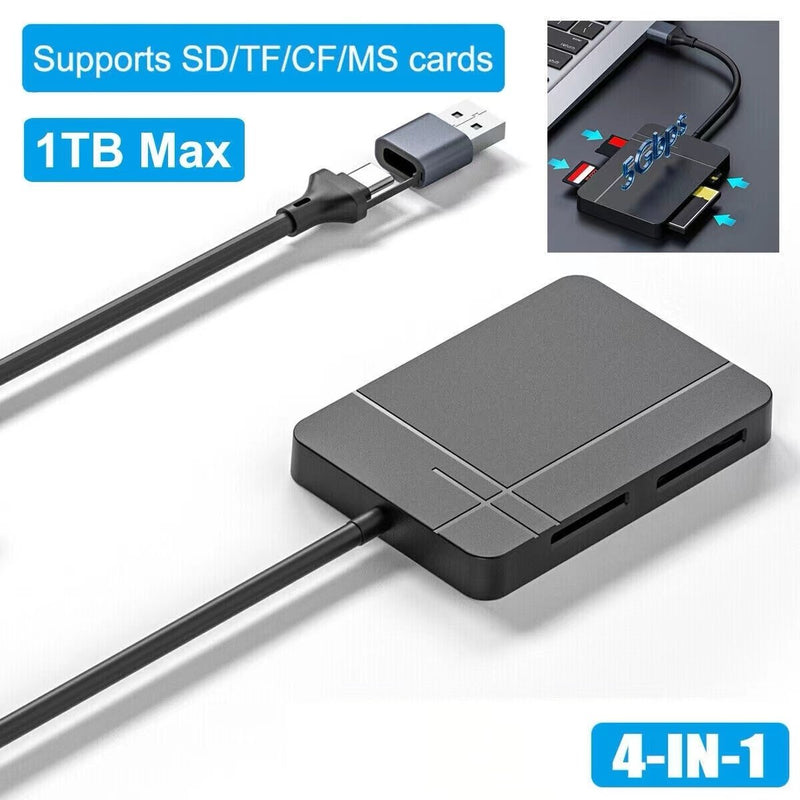 NÖRDIC 4 i 1 USB-A/C kortläsare SD/MicroSD/CF/TF/MS 5Gbps UHS-II 1TB