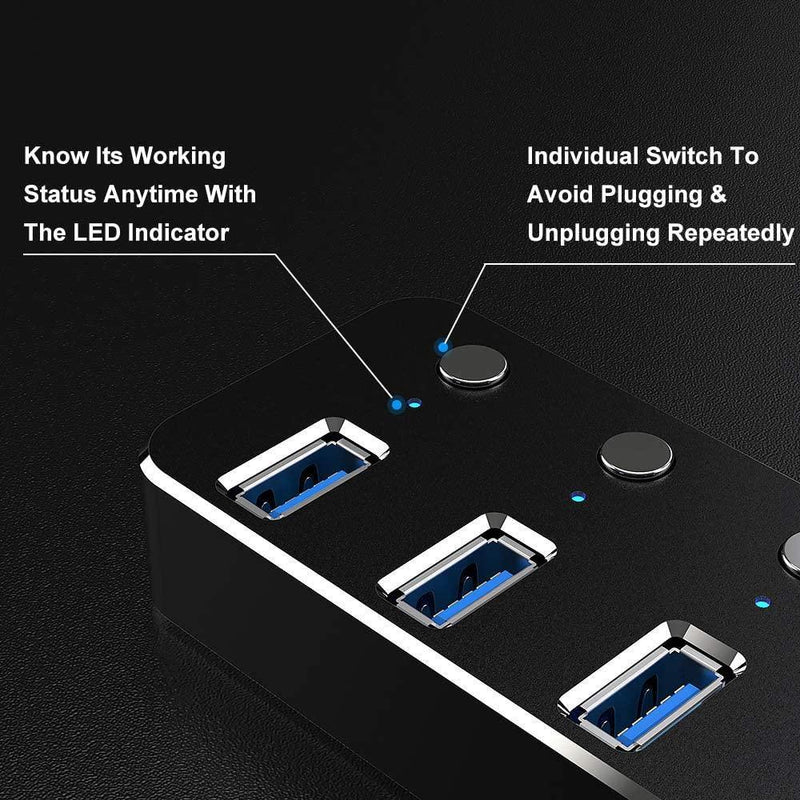 NÖRDIC 4-port hubb USB-C 3.0  5Gbps med individuell switch 25cm kabel svart aluminium