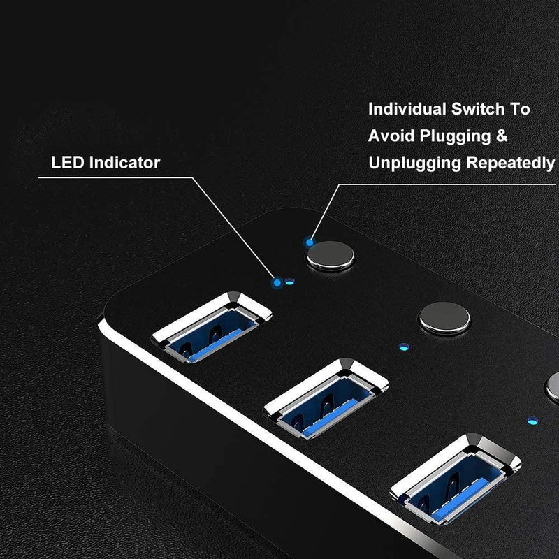 NÖRDIC 4-ports hubb USB 3.0 5Gbps med individuell switch 25cm kabel aluminium svart