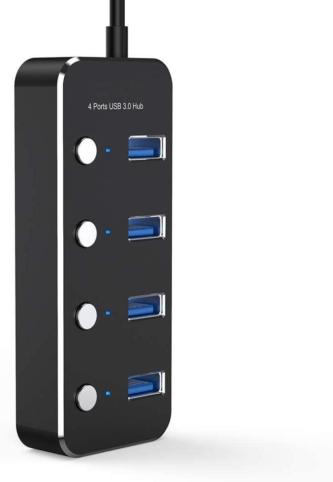 NÖRDIC 4-ports hubb USB 3.0 5Gbps med individuell switch 25cm kabel aluminium svart