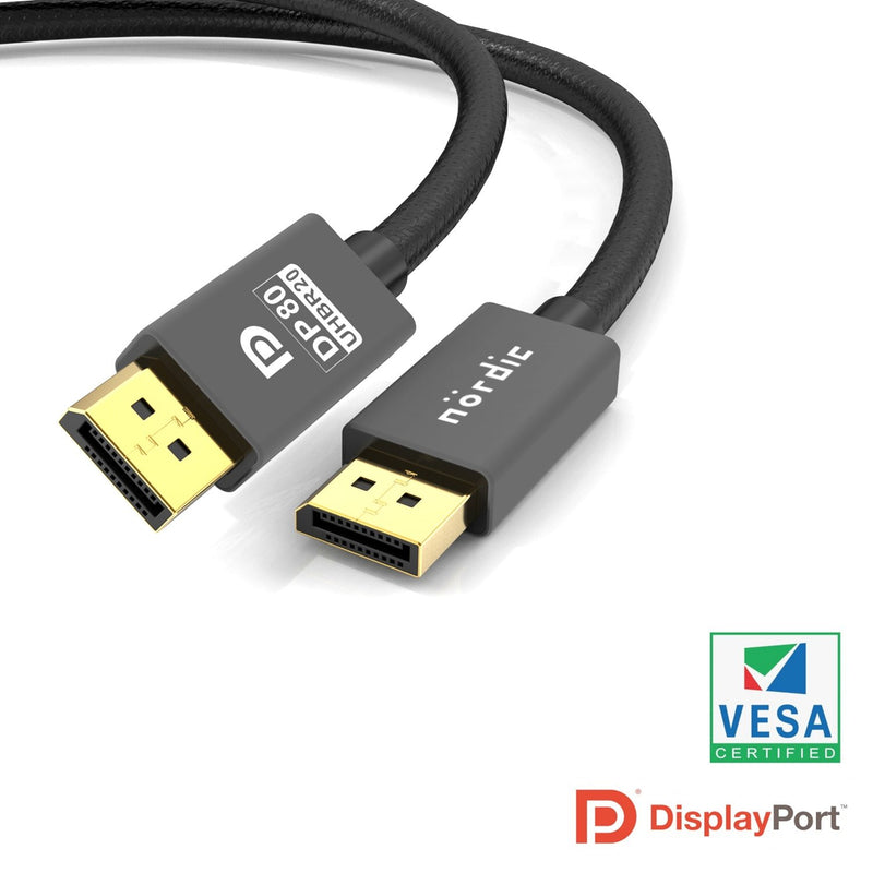 NÖRDIC 50cm VESA Certified nylonflätad Displayport 2.1 UHBR20 kabel DP80 80Gbps 4K240Hz DSC1.2a HDR HDCP2.2 G-Sync