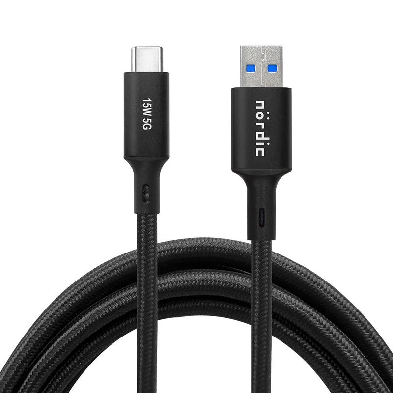 NÖRDIC 5m USB3.2 Gen1 USB-C till A nylonflätad kabel snabbladdning 3A 5Gbps Power Delivery PD 60W svart