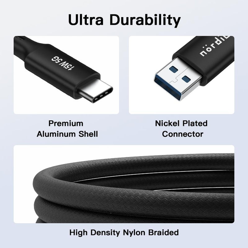 NÖRDIC 5m USB3.2 Gen1 USB-C till A nylonflätad kabel snabbladdning 3A 5Gbps Power Delivery PD 60W svart