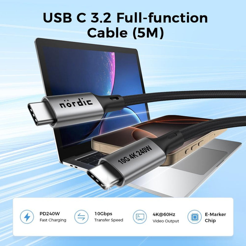 NÖRDIC 5m USB 3.2 Gen 2 USB-C till C nylonflätad kabel PD3.1 240W 20G 4K60Hz grå