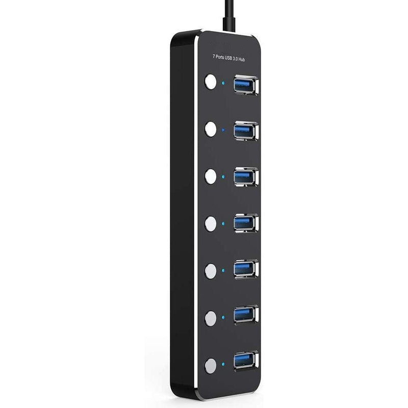 NÖRDIC 7-port hubb USB-C 3.0 5Gbps med individuell switch 25cm kabel svart aluminium