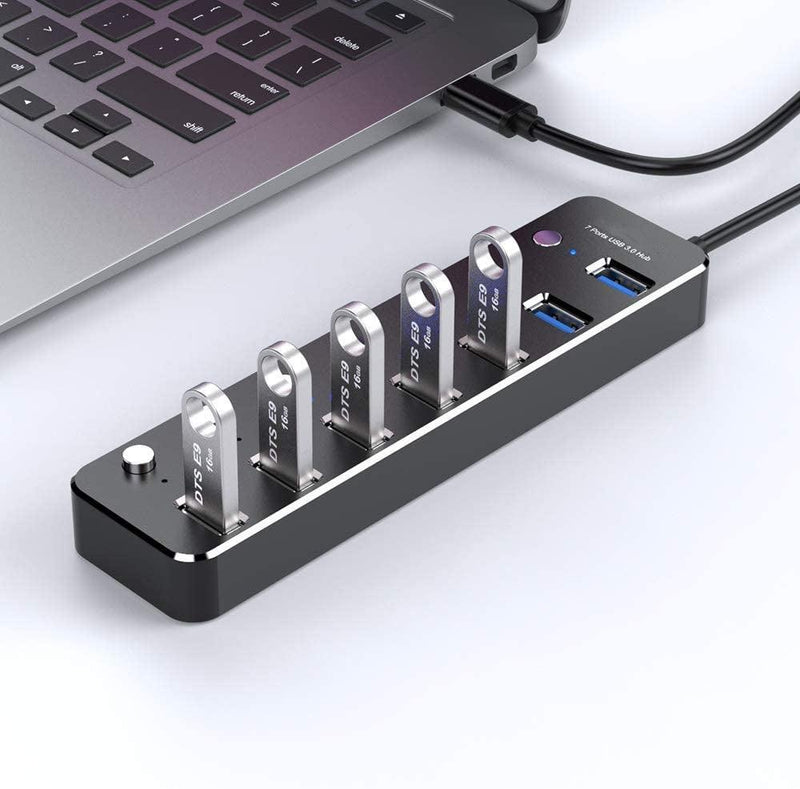 NÖRDIC 7-port hubb USB-C 3.0 5Gbps med individuell switch 25cm kabel svart aluminium