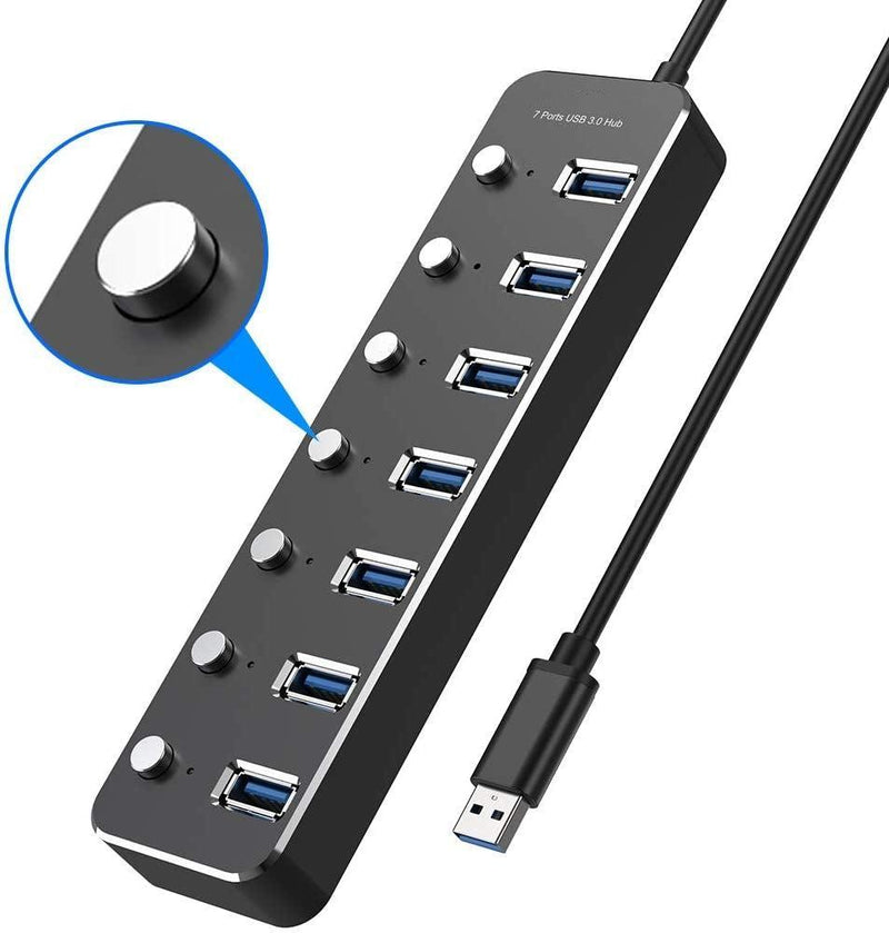 NÖRDIC 7-ports USB 3.0 HUB med individuell switch 5Gbps 25cm kabel aluminium svart