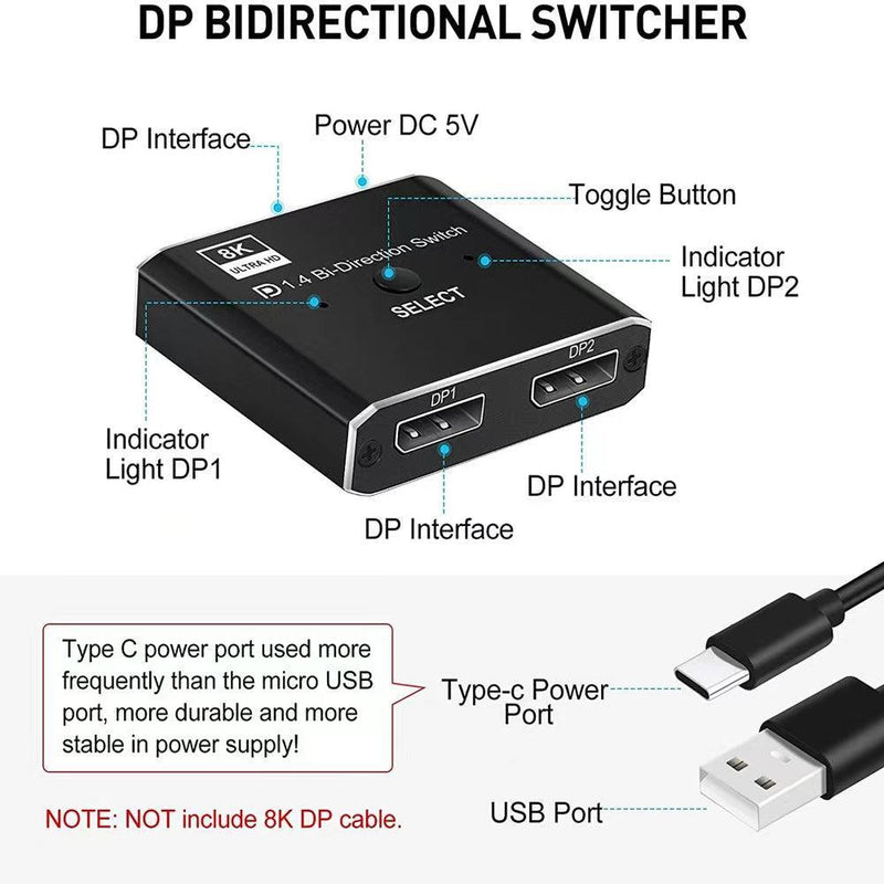 NÖRDIC 8K30Hz Displayport  switch 2 till 1 och splitter 1 till 2, 4K120hz