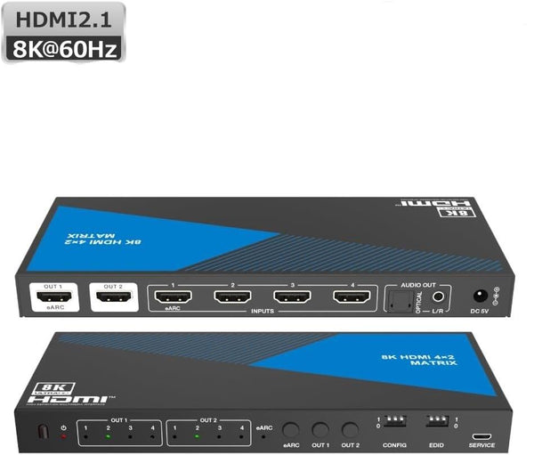 NÖRDIC 8K HDMI 2.1 eARC/ARC matrix switch 4x2 med Extractor Toslink & Stereo, HDMI CEC, Dolby Atmos/Digital Plus, DTS Master