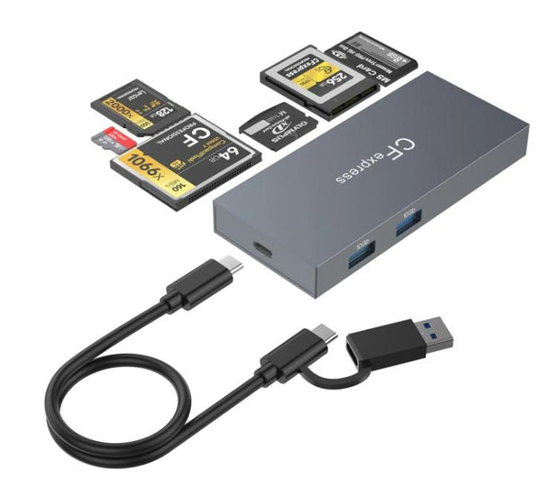 NÖRDIC USB-A 3.0, USB-C Kortläsare 6 Slot CFExpress B, CF, SD, MicroSD, MS, XD, 2xUSB-A UHS-I