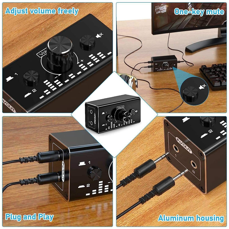 NÖRDIC Bi-Directional 3,5 mm jack ljudswitch 2 in 1 ut / 1 in 2 ut analog tyst stereoljud switch med volymkontroll