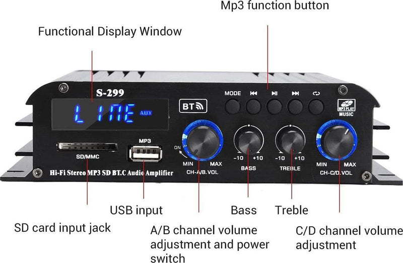 NÖRDIC Bluetooth 5.0 stereo 2.1 amplifier 4X40W+50W RMS förstärkare 2 högtalare och subwoofer med USB och SD mediaspelare input