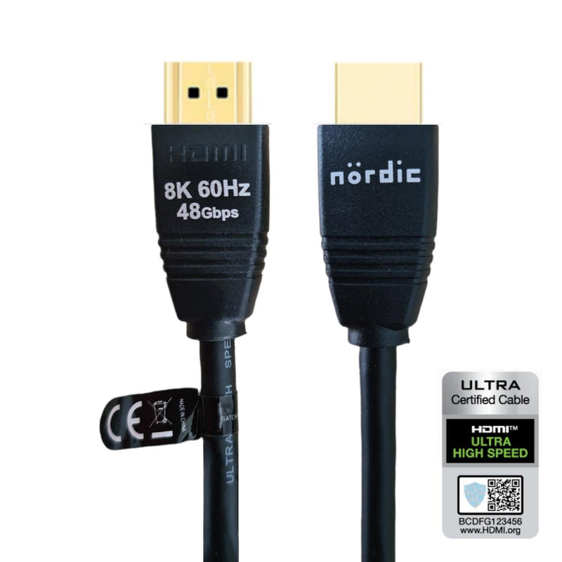 NÖRDIC CERTIFIED CABLES 1,5m Ultra High Speed HDMI2.1 8K 60Hz 4K 120Hz 144Hz 48Gbps Dynamic HDR eARC Game Mode VRR Dolby ATMOS guldpläterad PVC svart