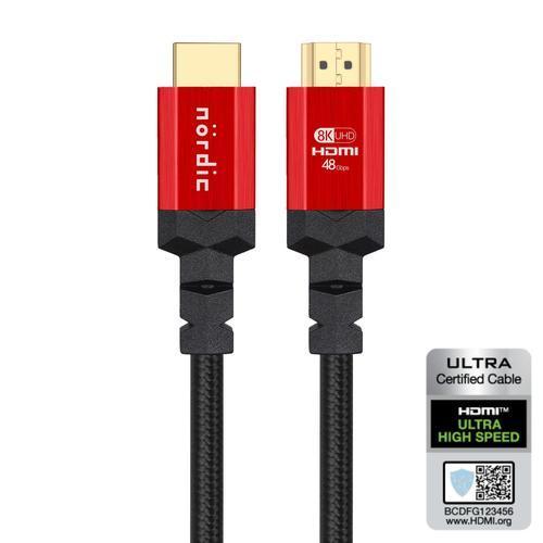 NÖRDIC CERTIFIED CABLES 1,5m Ultra High Speed HDMI 2.1 8K 60Hz 4K 120Hz 48Gbps Dynamic HDR eARC Game Mode VRR Dolby ATMOS nylonflätad guldpläterad