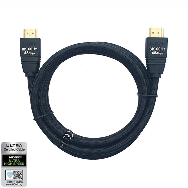 NÖRDIC CERTIFIED CABLES 1,5m Ultra High Speed HDMI 2.1 8K 60Hz 4K 120Hz 48Gbps Dynamic HDR eARC Game Mode VRR Dolby ATMOS nylonflätad guldpläterad