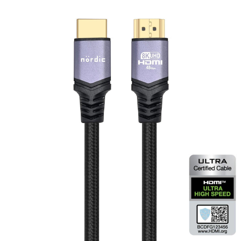 NÖRDIC CERTIFIED CABLES 2m Ultra High Speed HDMI 2.1 8K 60Hz 4K 120Hz 48Gbps Dynamic HDR eARC Game Mode VRR Dolby ATMOS nylonflätad guldpläterad