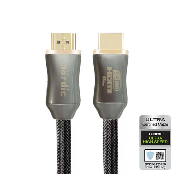 NÖRDIC CERTIFIED CABLES 2m Ultra High Speed HDMI 2.1 8K 60Hz 4K 120Hz 48Gbps Dynamic HDR eARC VRR nylonflätad kabel guldpläterad extra slitstark