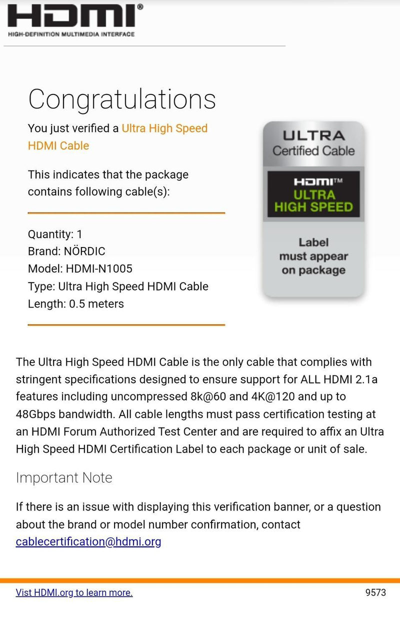 NÖRDIC CERTIFIED CABLES 50cm Ultra High Speed HDMI 2.1 8K 60Hz 4K 120Hz 48Gbps Dynamic HDR eARC VRR nylonflätad kabel guldpläterade kontakter