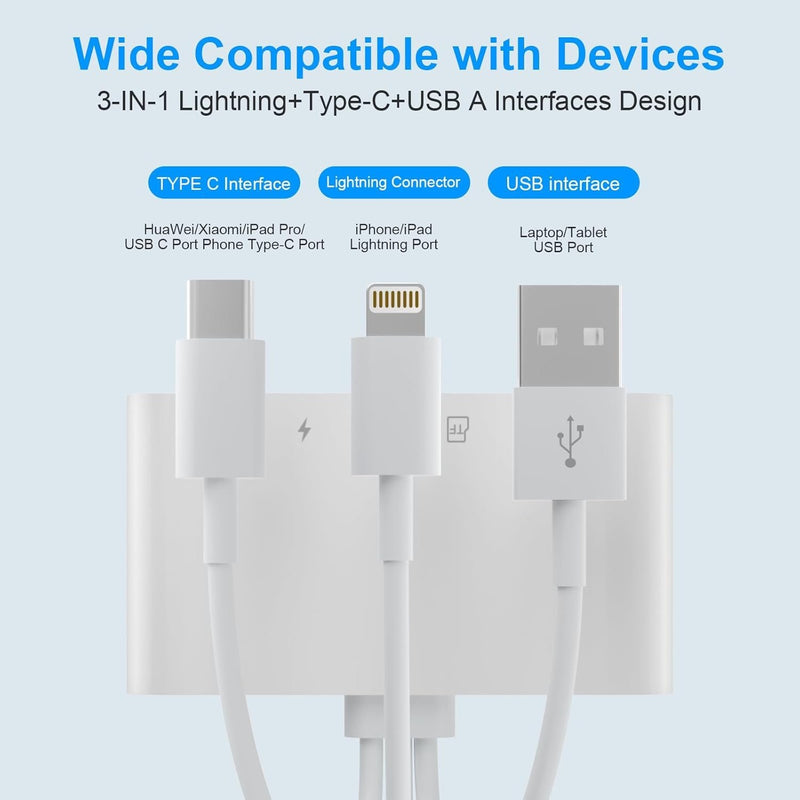 NÖRDIC kortläsare Lightning + USB-C + USB-A till SD, TF/microSD, USB-A, AUX och strömförsörjning