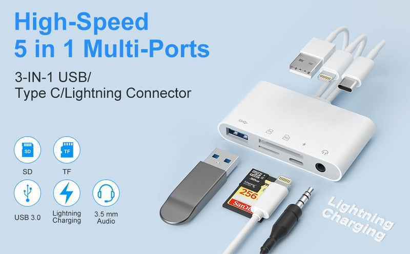 NÖRDIC kortläsare Lightning + USB-C + USB-A till SD, TF/microSD, USB-A, AUX och strömförsörjning