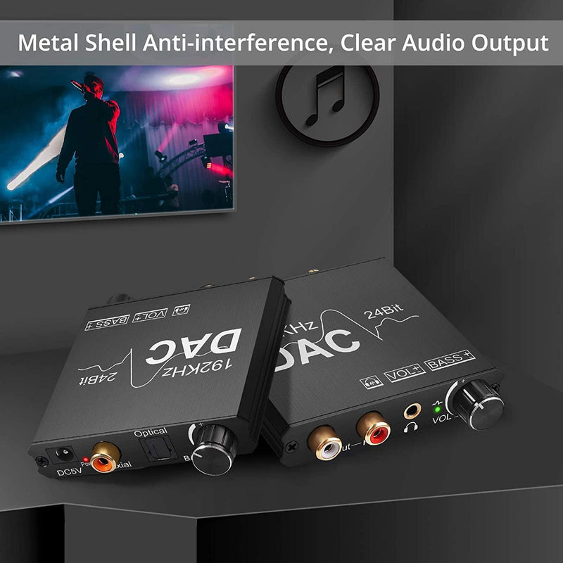 NÖRDIC DAC digital till analog omvandlare 192KHz Digital Toslink och Coaxial till Analog L/R och 3,5mm stereo med bass- och volymkontroll