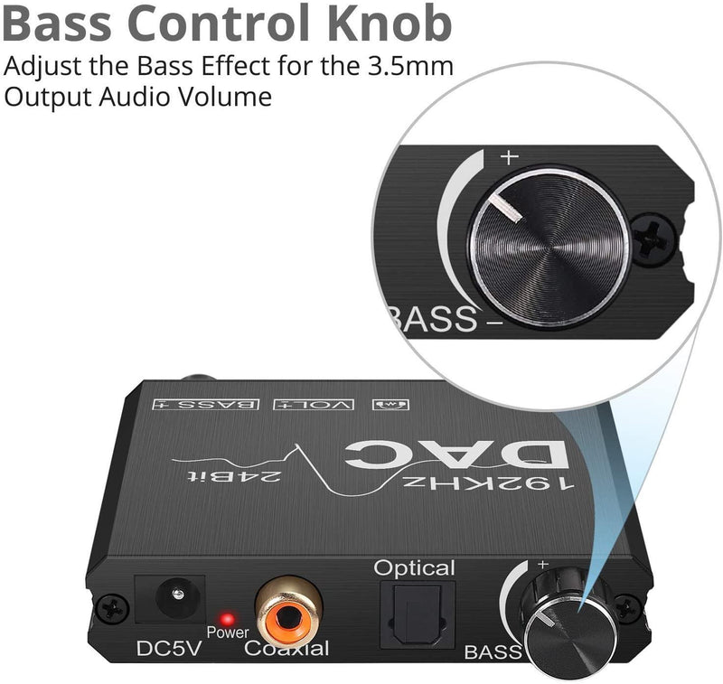 NÖRDIC DAC digital till analog omvandlare 192KHz Digital Toslink och Coaxial till Analog L/R och 3,5mm stereo med bass- och volymkontroll