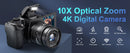 NÖRDIC Digital Camera 4K 64M with WiFi, 10X Optical Zoom Vlogging Camera for YouTube Autofocus Compact Camera