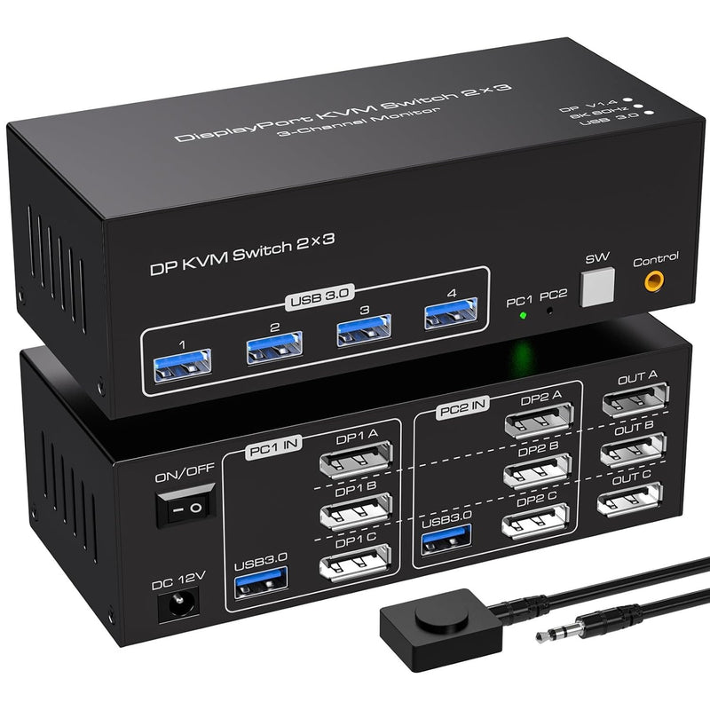 NÖRDIC DisplayPort 1.4 KVM-switch 2 datorer 3 skärmar 8K60Hz 4K144Hz tripplaskärmar 4 USB 3.0 för 2 PC att dela 3 skärmar