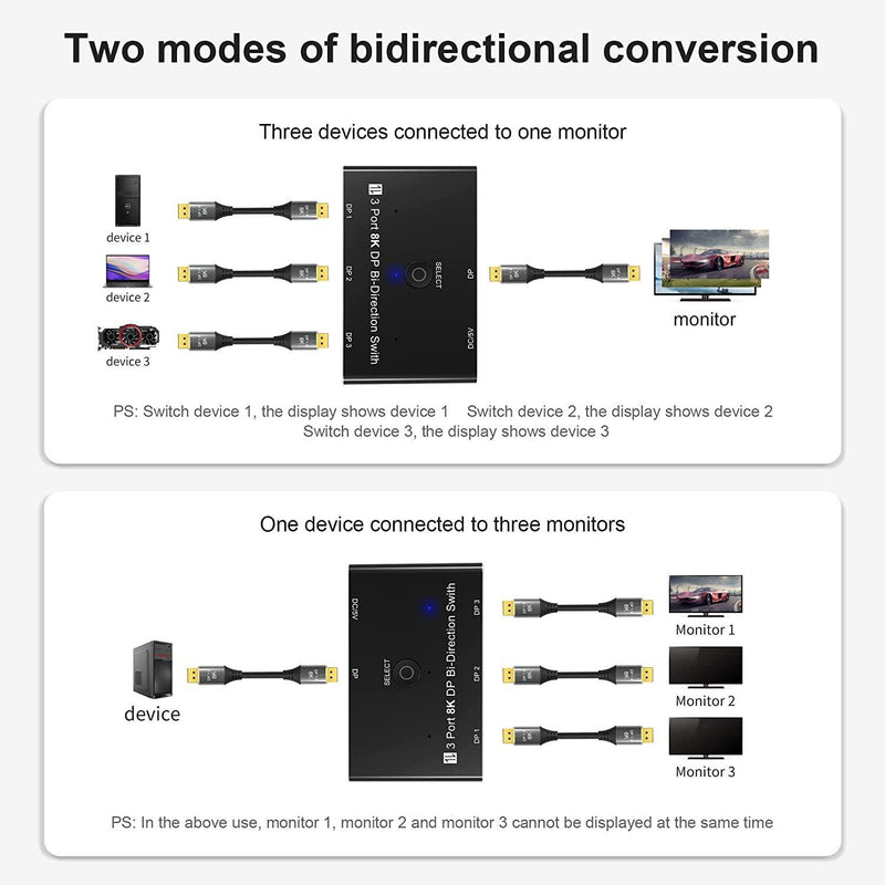 NÖRDIC Displayport 3 till 1 switch eller 1 till 3 splitter  DP1.4 8K30Hz 4k120Hz 32.4Gbps