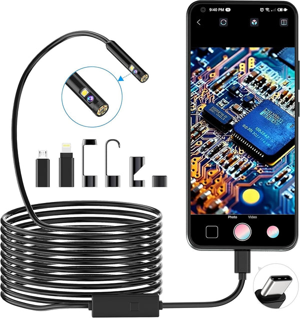 NÖRDIC Endoskopkamera Dual-lens för mobiltelefon med ljus, 1080P HD, 8 LED-lampor, vattentät IP67, inget WiFi krävs, Android och iOS
