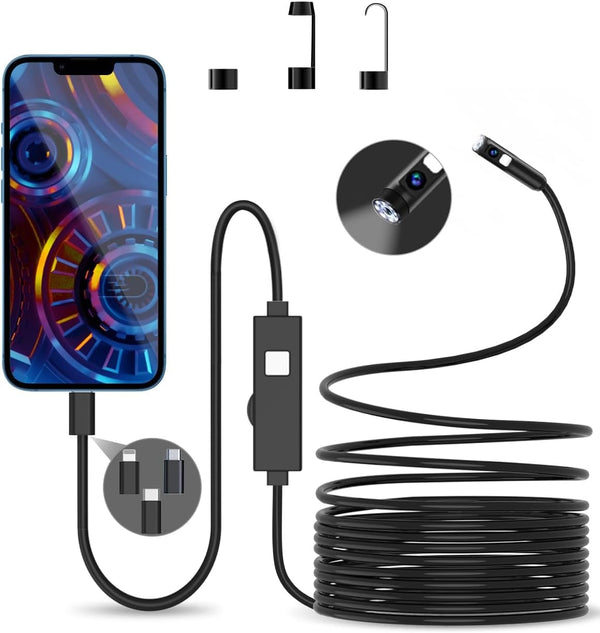 NÖRDIC Endoskopkamera med dubbla lenser för mobiltelefon med ljus, 1080P HD, 8 LED-lampor, vattentät IP67, inget WiFi krävs, Android och iOS