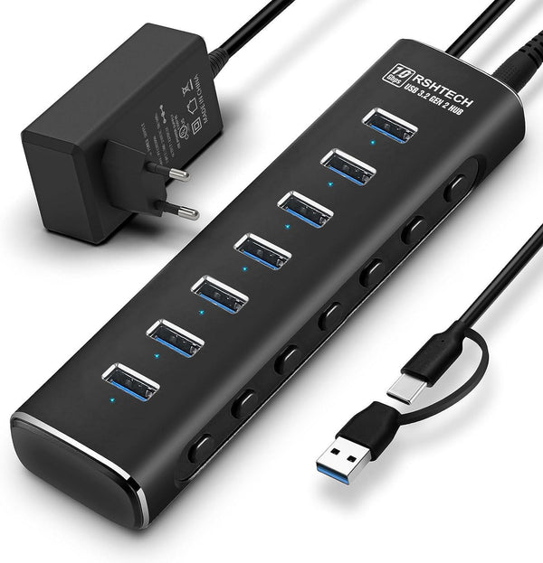 NÖRDIC GEN 3.2 USB-C och USB-A powered Hub 7ports 7x10Gbps 1m kabel individuell switch