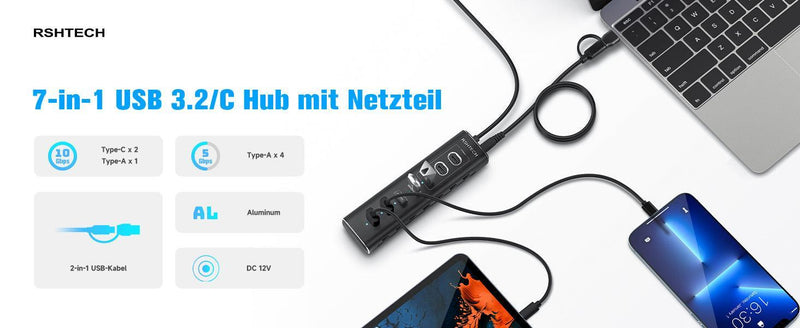 NÖRDIC GEN 3.2 USB-C och USB-A powered Hubb 7ports 3x10Gbps 4x5Gbps 1m kabel