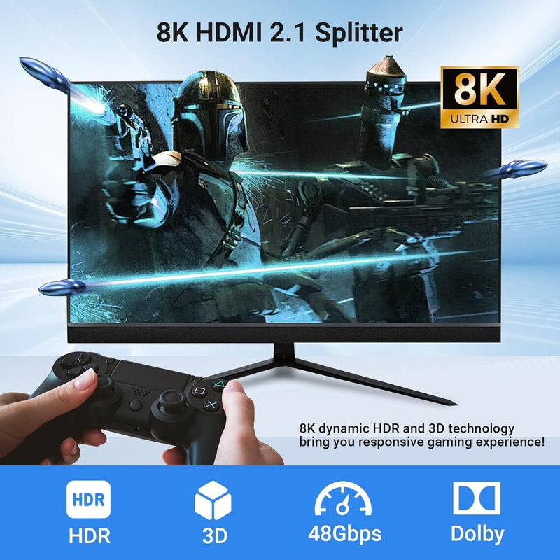 NÖRDIC 8K HDMI 2.1 Splitter 1 till 2 & Extraktor Optisk SPDIF & Stereo HDR EDID Dolby Atmos, True HD, Digital Plus, DTS-HD Master