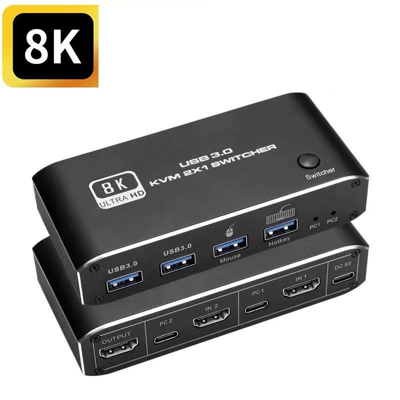 NÖRDIC HDMI 2.1 8K60Hz KVM switch 2 till 1 HDCP2.3 HDR10 med 4x USB-A output