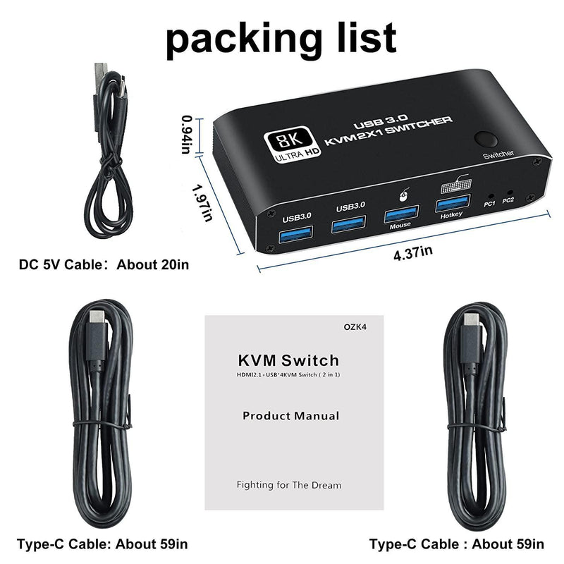 NÖRDIC HDMI 2.1 8K60Hz KVM switch 2 till 1 HDCP2.3 HDR10 med 4x USB-A output