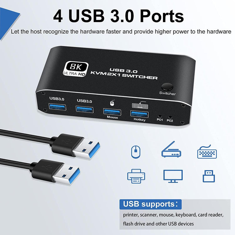 NÖRDIC HDMI 2.1 8K60Hz KVM switch 2 till 1 HDCP2.3 HDR10 med 4x USB-A output