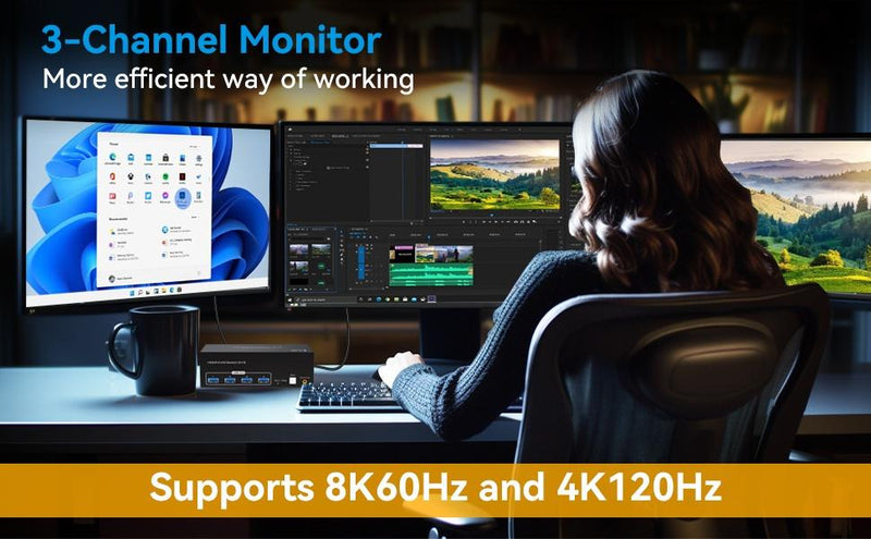 NÖRDIC HDMI 2.1 KVM-switch 2 datorer 3 skärmar 8K60Hz 4K144Hz Trippel skärm 4 USB 3.0 för 2 PC dela 3 skärmar