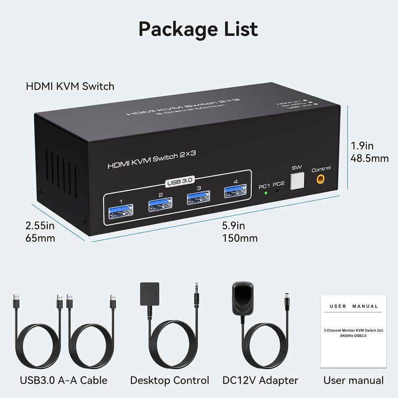 NÖRDIC HDMI 2.1 KVM-switch 2 datorer 3 skärmar 8K60Hz 4K144Hz Trippel skärm 4 USB 3.0 för 2 PC dela 3 skärmar