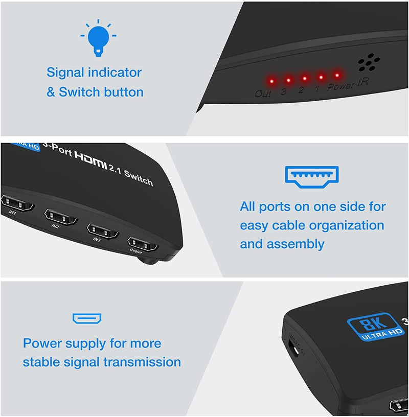 NÖRDIC HDMI 2.1 switch 3 till 1 8K60Hz 4K120Hz 48Gbps HDR