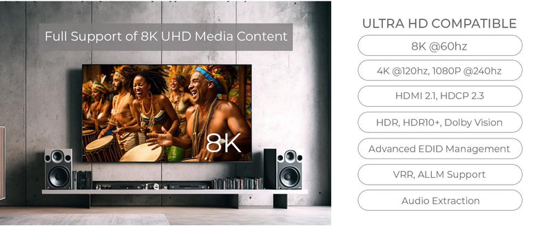 NÖRDIC 8K HDMI 2.1 Switch och Extraktor 2 till 1 8K60Hz 4K120Hz CEC HDR Dolby Atmos, True HD, Digital Plus, DTS-HD Master