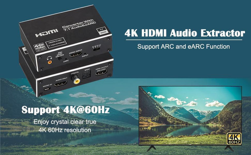 NÖRDIC HDMI Extractor 4K60Hz HDMI till HDMI+Optisk Toslink+Coaxial+3.5mm Audio+7.1CH HDMI Stöd för eARC/ARC HDR Dolby ATMOS